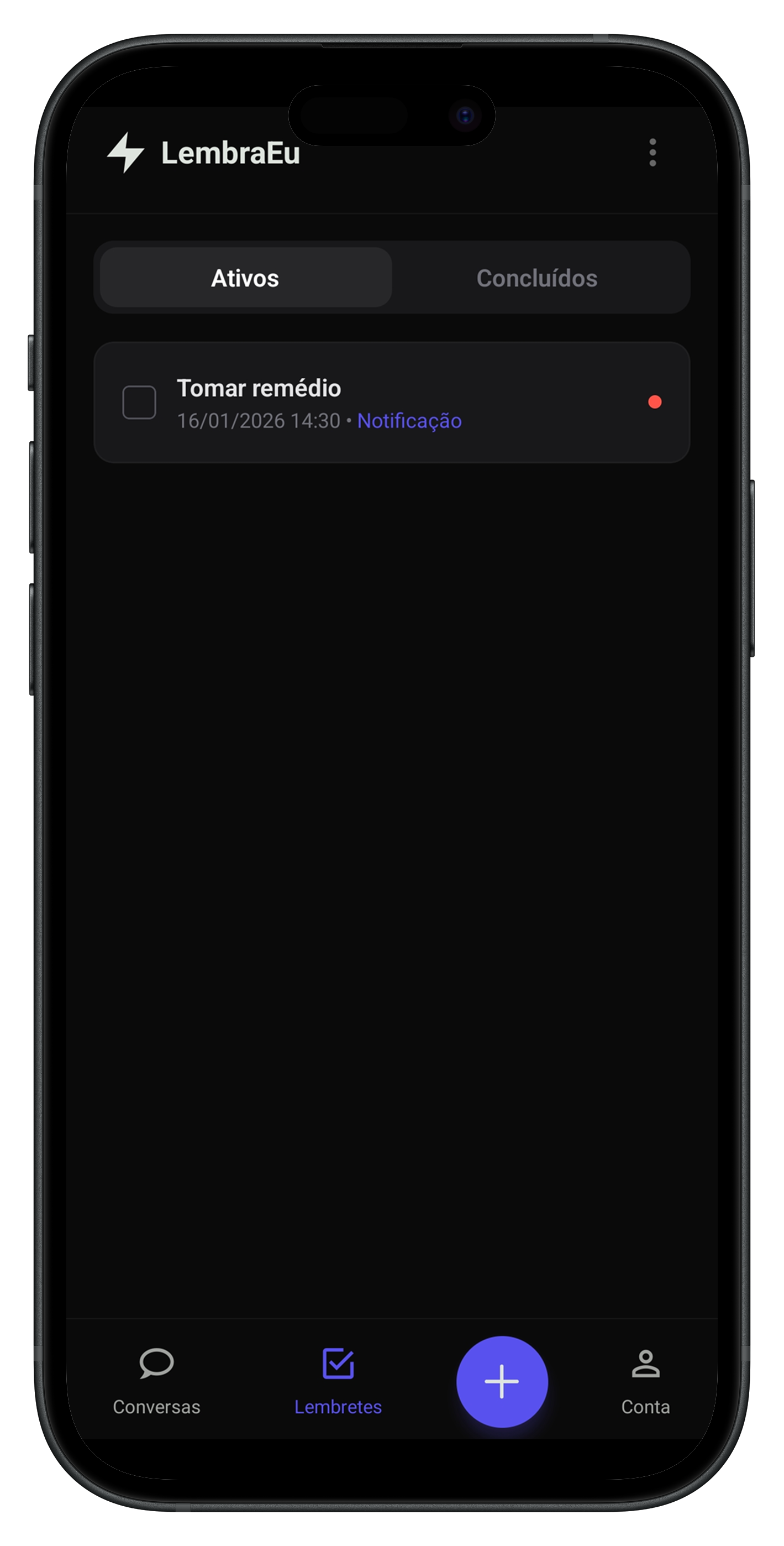 LembraEu app interface mostrando lembretes inteligentes